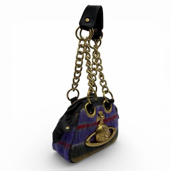 Vivienne Westwood Orb Wool Mini Chain Bag Plaid Gold Hardware - Picture 2 of 9